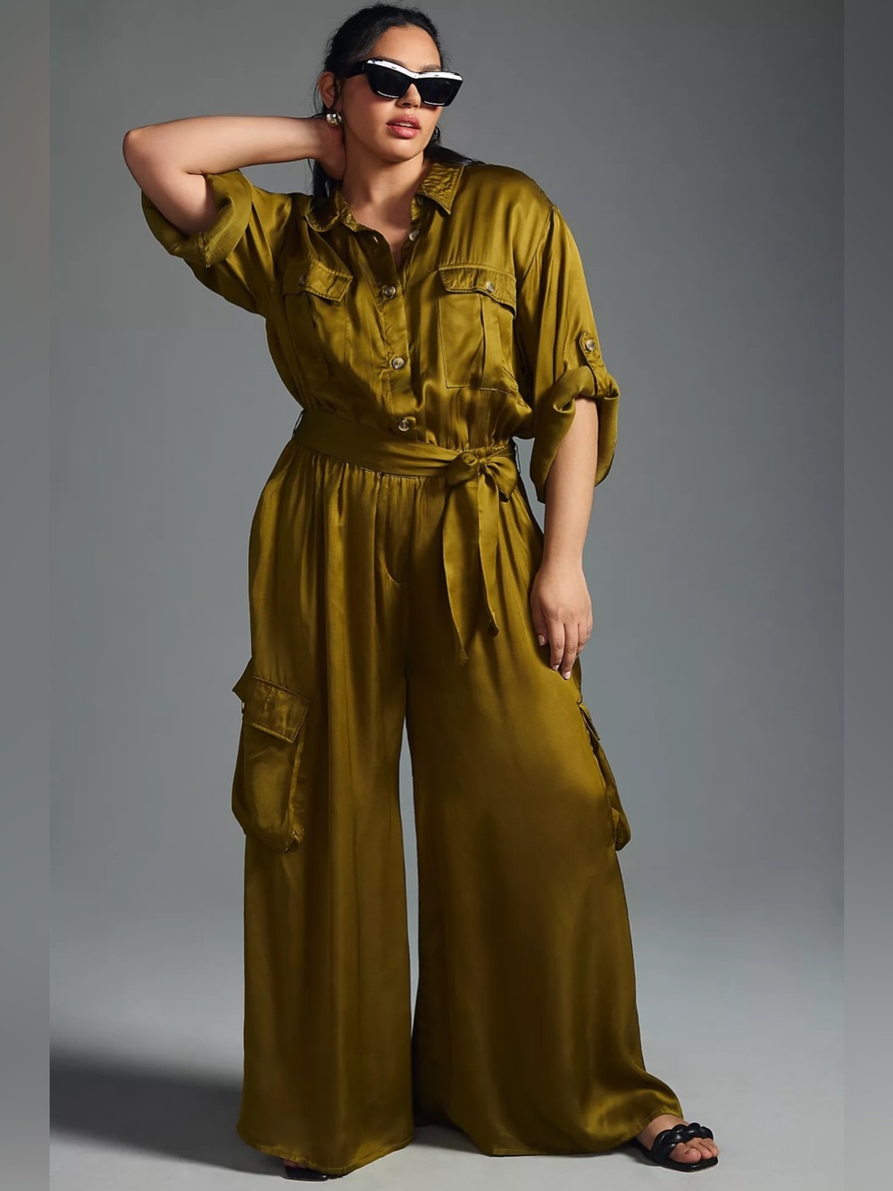 By Anthropologie Silky Cargo Jumpsuit utility jumpsuit Olive plus size 1X